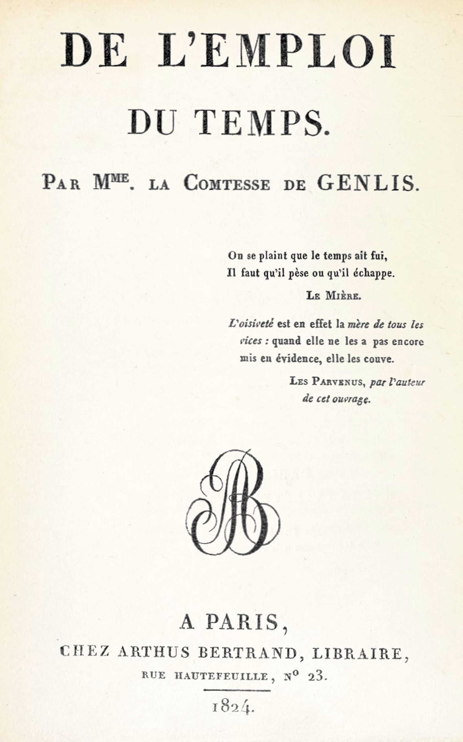 Copertina di De l'emploi du temps, di comtesse de Stéphanie Félicité Genlis
