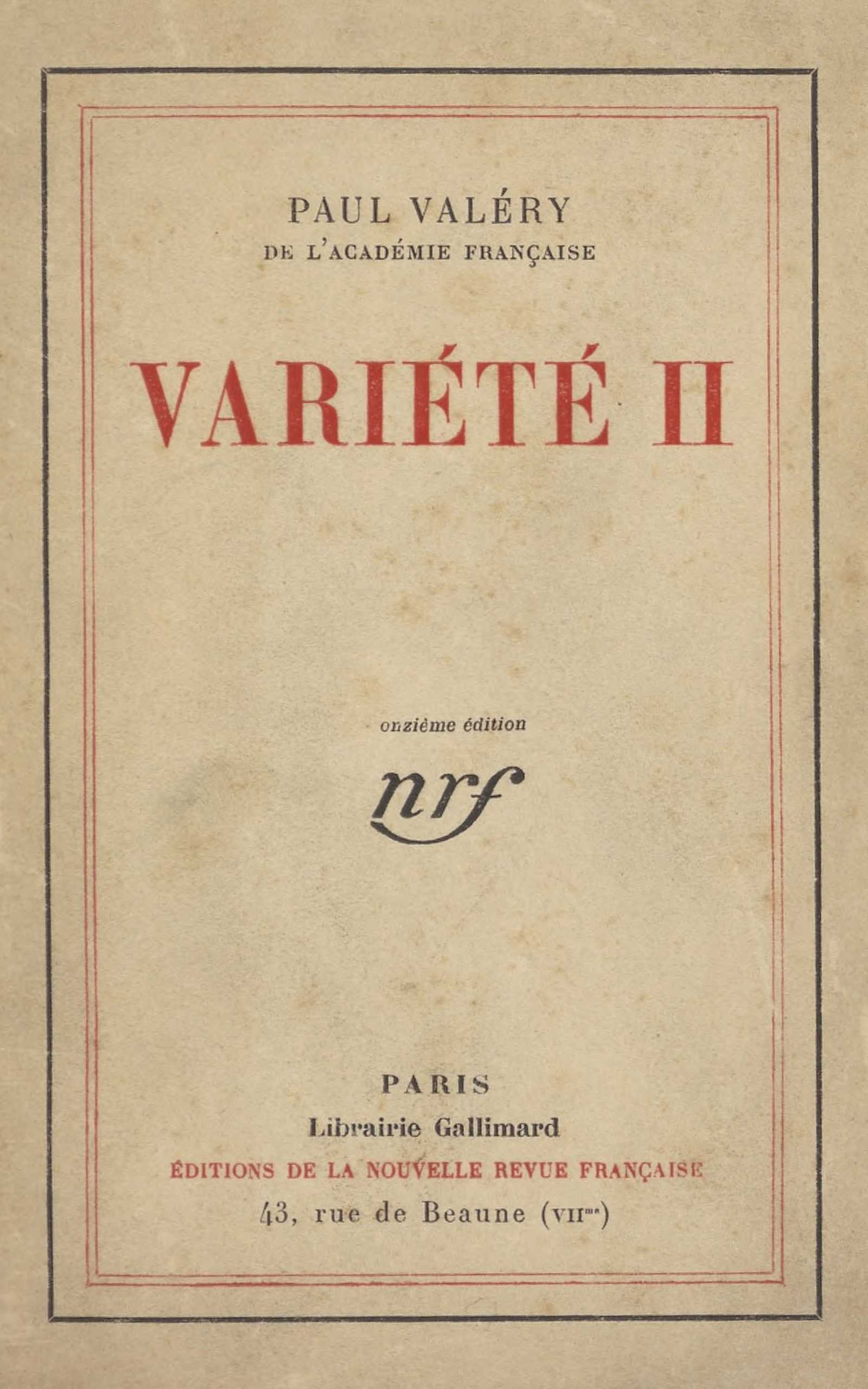 Copertina di Variété II, di Paul Valéry