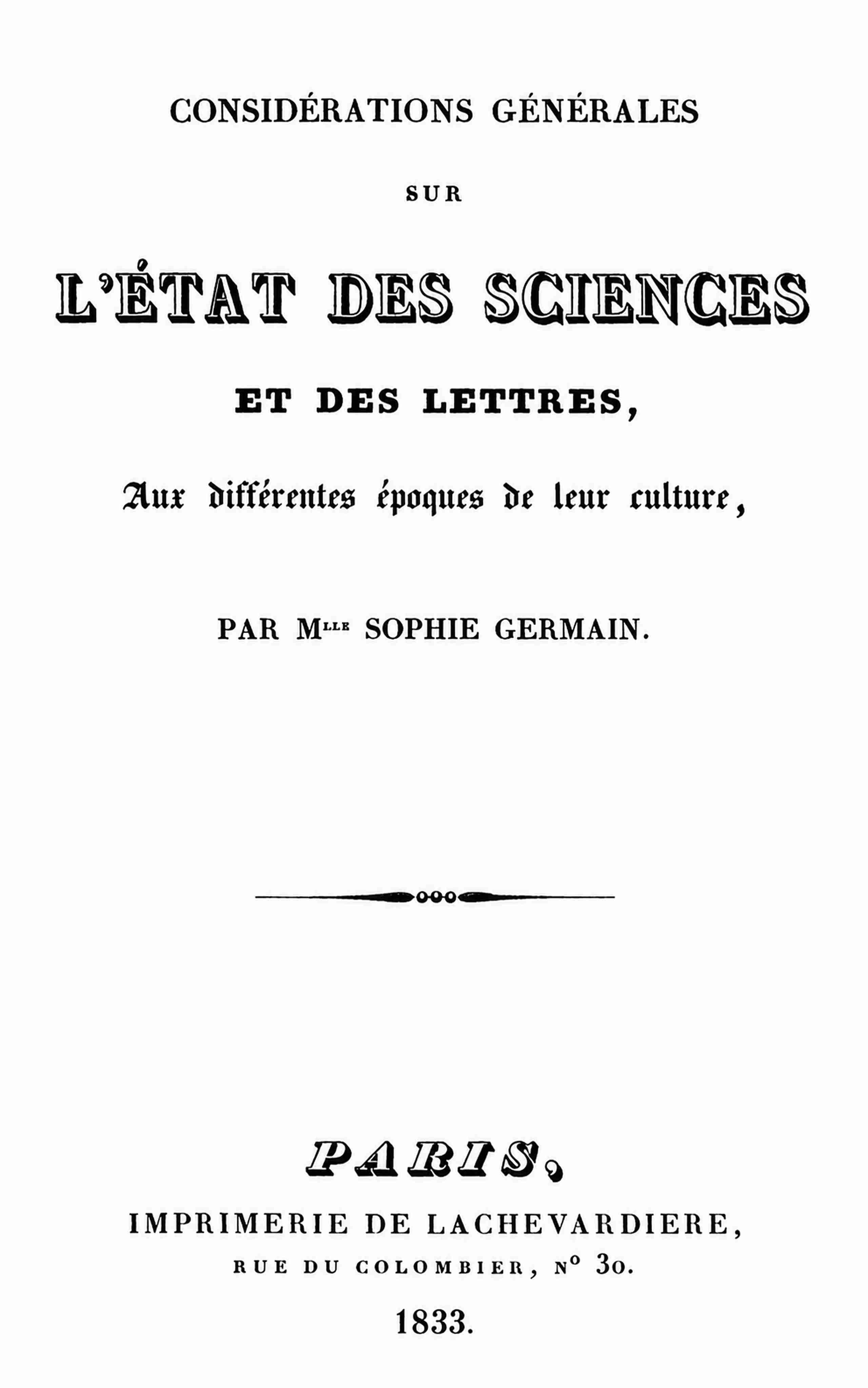Couverture de Considérations générales sur l'état des sciences et des lettres par Sophie Germain