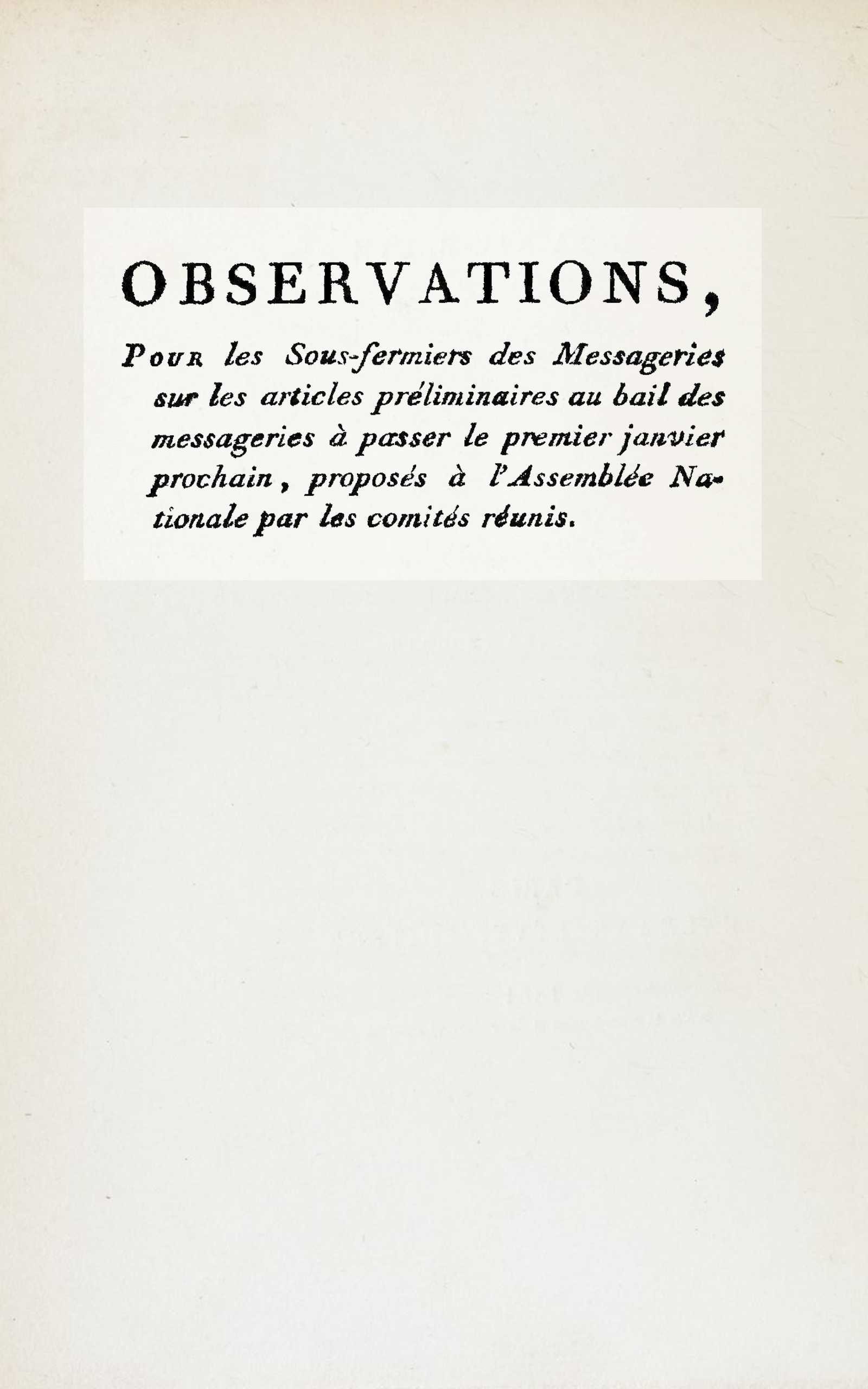 Cover of Observations, pour les sous-fermiers des messageries sur les articles préliminaires au bail des messageries by Anonymous
