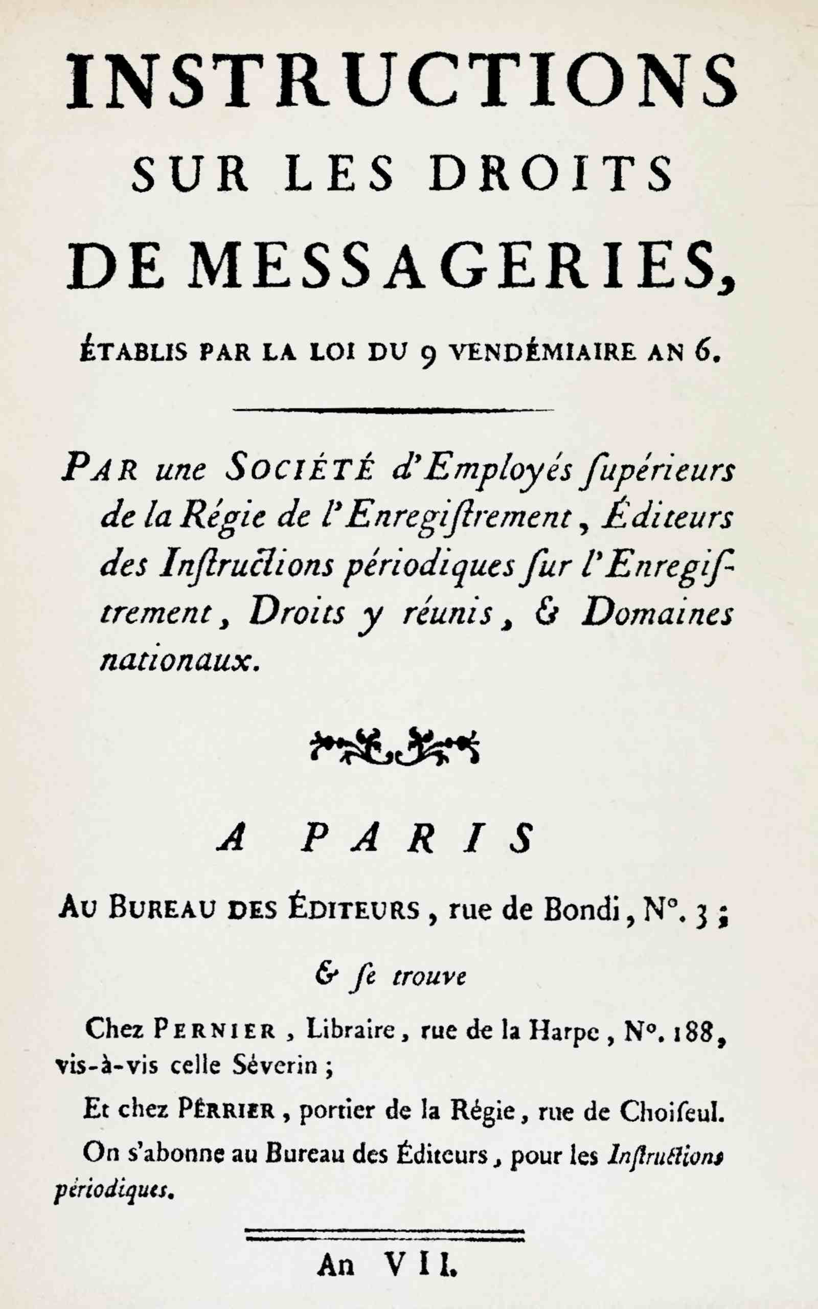 Portada de Instructions sur les droits de messageries, de Anonymous