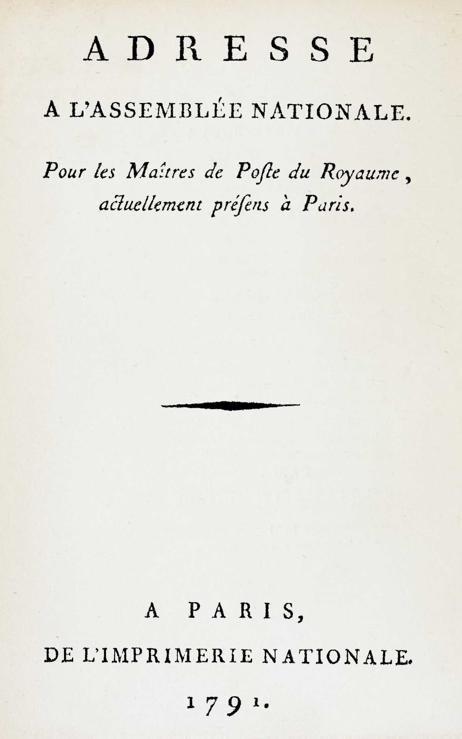 Couverture de Adresse à l'Assemblée nationale pour les maîtres de poste du royaume, actuellemens présens à Paris par Thiberville